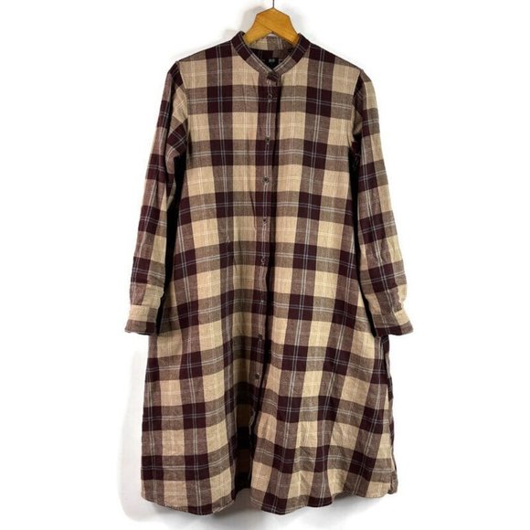 Uniqlo Dresses & Skirts - Uniqlo Womens Brown Maroon A-Line Dress Dress Button-Up Plaid Long Sleeve XS